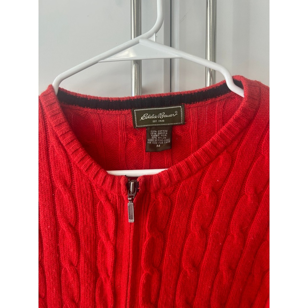 Eddie Bauer Red Cable Knit Full Zip Angora Blend Cardigan Sweater Womens Medium - Picture 5 of 15